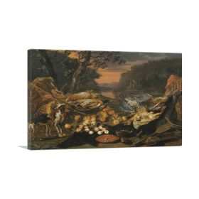 A Still Life With Game Hunting Gear And Two Dogs (Type: Standard Framed Canvas Print, size: 32" x 24" / 80cm x 60cm (approx))